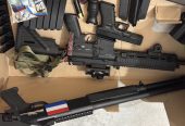 Complete airsoft set — H&K 416 A5 (lang), Glock 17 Gen4 (pistol) & Shotgun M56DL — alle accessoires + tas